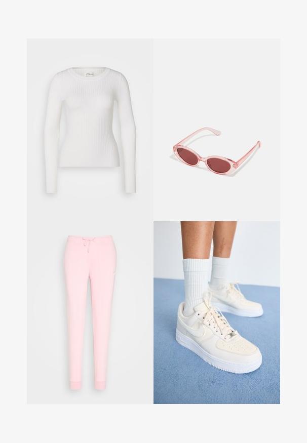 Biely dlhý rukáv ribbed top s okrúhlym výstrihom. Tkanina je hladká, s jemnou textúrou a priliehavým strihom. Žiadne viditeľné kovanie ani vzory.; Svetloružové tepláky s nastaviteľným pásom, zúženými nohavicami a vyšívaným logom na stehne. Mäkká, hladká textúra látky.; Svetlé kožené tenisky Nike Air Force 1 s bielymi podrážkami, s perforovanou špičkou a strieborným štítkom na šnúrkach, v kombinácii s bielymi rebrovanými ponožkami.; Ružové priehľadné slnečné okuliare s oválnymi šošovkami, tmavočerveným tónovaním a štíhlymi ramenami, so hladkým povrchom a jemnými detailmi na ráme.