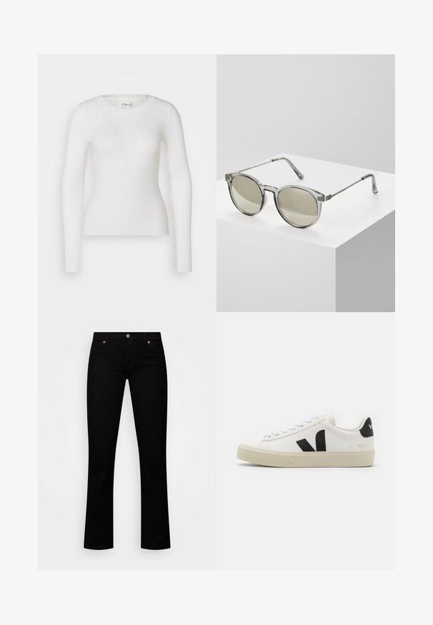 Witte lange mouwen geribbelde top met een ronde hals. De stof is soepel, met een subtiele textuur en een aansluitend ontwerp. Geen zichtbare hardware of patronen.; Zwarte denimjeans met een slim fit, vijf-pocket ontwerp, knoopsluiting en subtiele koperen accenten op de klinknagels.; Witte leren sneaker met zwart rubberen V-logo. Getextureerde off-white zool, witte veters en een achterkant met een detail van de merknaam in het zwart.; Ronde zonnebrillen met transparante grijze monturen en grijs-getinte lenzen. Metalen accenten op de veren en gebogen armen voor stabiliteit.