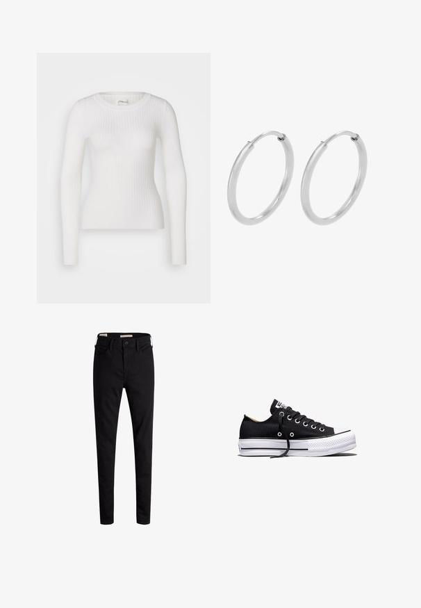 Witte lange mouwen geribbelde top met een ronde hals. De stof is soepel, met een subtiele textuur en een aansluitend ontwerp. Geen zichtbare hardware of patronen.; Zwarte high-rise skinny jeans met een knoop aan de voorkant en zakken, weergegeven op een witte achtergrond.; Zwarte lage canvas sneaker met witte rubberen plateauzool, zwarte veters en metalen oogjes op een witte achtergrond.; Zilveren hoepeloorbellen, cirkelvormig, met een gladde glanzende textuur en een constante breedte. Minimalistisch ontwerp zonder extra accenten.