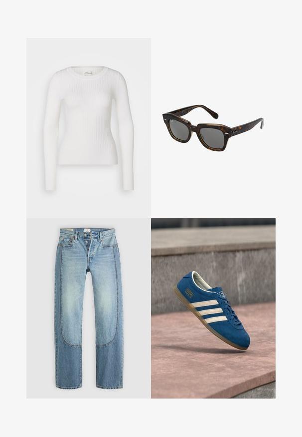 Witte lange mouwen geribbelde top met een ronde hals. De stof is soepel, met een subtiele textuur en een aansluitend ontwerp. Geen zichtbare hardware of patronen.; Lichtblauwe denim jeans met een rechte, losse pasvorm, voorzien van contrasterende paneeldetails en een vijf-pocket ontwerp. Knopen vloogsluiting.; Blauwe suède sneaker met crèmekleurige strepen en veters, zool van gumrubber, gestructureerd oppervlak, afgeronde neus en merkopdruk aan de zijkant.; Rechthoekige zonnebril met een schildpad-print kunststof montuur, donkere lenzen en zilveren accenten aan de zijkanten. gemaakt in Italië.