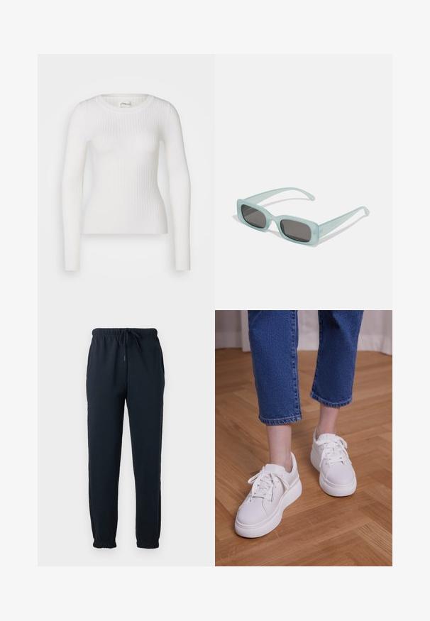 Witte lange mouwen geribbelde top met een ronde hals. De stof is soepel, met een subtiele textuur en een aansluitend ontwerp. Geen zichtbare hardware of patronen.; Zwarte joggingbroek met elastische tailleband, trekkoord, zijzakken en elastische boorden bij de enkels.; Benen met cropped blauwe jeans en witte vetersneakers met plateauzool, staand op een lichte houten vloer.; Een paar rechthoekige zonnebrillen met lichtblauwe doorzichtige monturen en donkergrijze glazen, met rechte pootjes en minimale hardwaredetails.