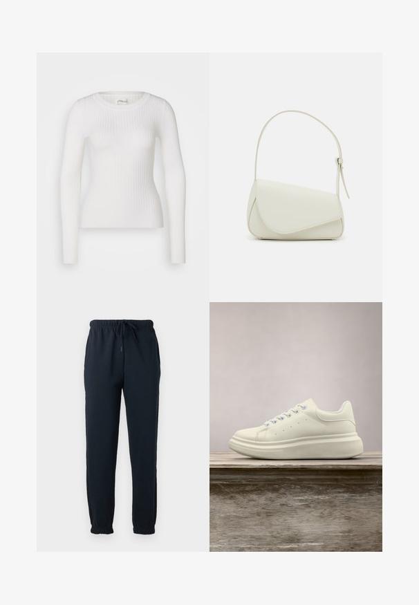 Top blanco de manga larga con costuras acanaladas y escote redondo. La tela es suave, con una textura sutil y un diseño ajustado. Sin hardware ni patrones visibles.; Pantalones deportivos negros con cintura elástica, cordón, bolsillos laterales y puños elásticos en los tobillos.; Zapatilla deportiva de cuero blanco con puntera redonda, textura lisa y cordones en contraste. Cuenta con orificios de ventilación y una suela de goma gruesa para mayor comodidad.; Bolso de mano de imitación cuero blanco con una forma triangular estructurada, correa ajustable única y cierre con solapa acentuada en curva.