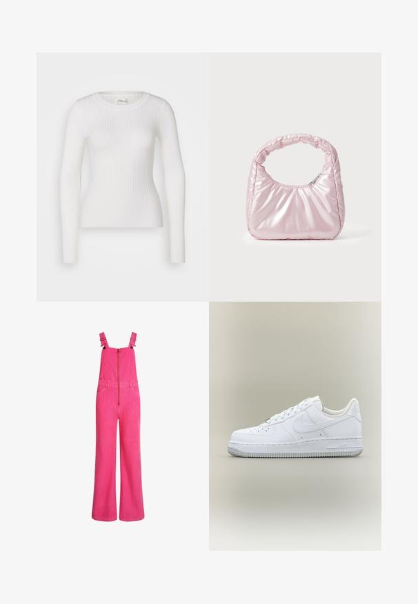 Haut à manches longues blanc en tissu côtelé avec un col rond. Le tissu est lisse, avec une texture subtile et une coupe ajustée. Pas de matériel ou de motifs visibles.; Salopette en velours côtelé rose vif à jambes larges avec bretelles réglables, fermeture éclair frontale et poches latérales, présentée sur un fond blanc.; Baskets blanches basses Nike Air Force 1 avec lacets, bout perforé et semelle en caoutchouc texturée sur fond neutre.; Sac à main rose rembourré avec un design arrondi, fabriqué à partir d'un matériau brillant. Dispose d'une poignée froncée et d'une fermeture éclair pour un accès sécurisé.