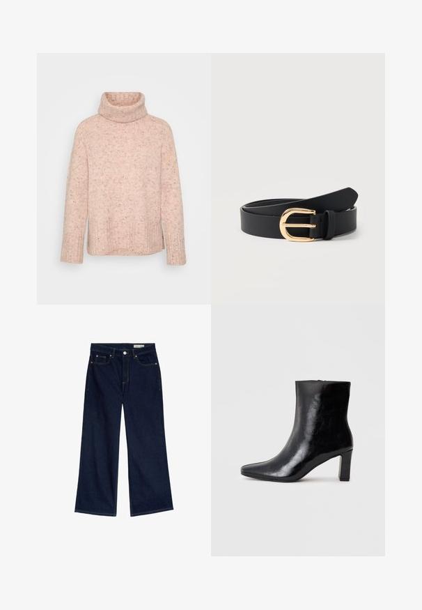 Lys rosa strikket turtleneck sweater med ribbet kant og manchetter, der har en tekstureret finish med subtile prikker spredt ud over.; Bredde ben mørkeblå denimjeans med høj talje, fem-lomme design, kobber nitter og kontrasterende gul syninger.; Sorte ankelstøvler lavet af blank læder, med spidse tæer og en mellemstor blokhæl, med en glat tekstur og et enkelt design.; Sort læderbælte snoet med en skinnende gylden buet spænde og en bæltestrop på en ensfarvet hvid baggrund.