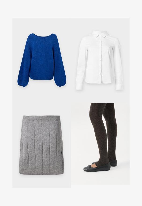 Pull en tricot bleu avec un large col bateau, des manches ballons amples et une finition texturée. L'ourlet court accentue la coupe décontractée.; Chemise blanche à manches longues avec boutons, col pointu, ourlet droit et silhouette ajustée, présentée sur un fond clair uni.; Object OBJTHESS - Minijupe - medium grey; Jambes portant des leggings côtelés foncés associés à des ballerines noires avec de petits détails en nœud sur fond blanc.