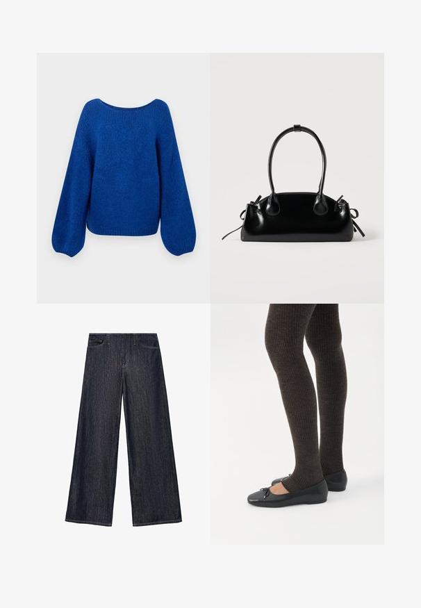 Blå striktrøje med bred bådudskæring, løse ballonsleeves og en struktureret overflade. Den kortede kant fremhæver det afslappede fit.; Bredde jeans i mørk indigo denim, med høj talje, fem-lomme design og kontrasterende syninger langs sømmene.; Ben iført mørke ribbede leggings kombineret med sorte balletsko med små sløjfedetaljer på hvid baggrund.; Lille sort blank håndtaske med to lange håndtag og snøre-detaljer i siden på en ensfarvet lys baggrund.