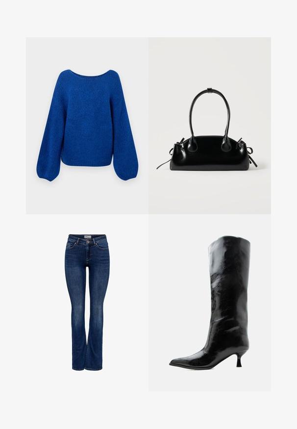 Blauer gestrickter Pullover mit einem weit geschnittenen Bootsausschnitt, lockeren Ballonärmeln und einer strukturierten Oberfläche. Der cropped Saumbetont den lässigen Schnitt.; Dunkelblaue Jeans aus Denim mit leichter Verblendung, Fünf-Taschen-Design, Knopfverschluss und Bootcut-Beinstil, mit dem Etikett "ONLY" am Bund.; Schwarzer glänzender kniehoher Lederstiefel mit spitzer Spitze und niedrigem, gebogenem Absatz auf einfachem hellem Hintergrund.; Kleine schwarze glänzende Handtasche mit zwei langen Griffen und seitlichen Kordelzug-Details vor einfachem hellem Hintergrund.