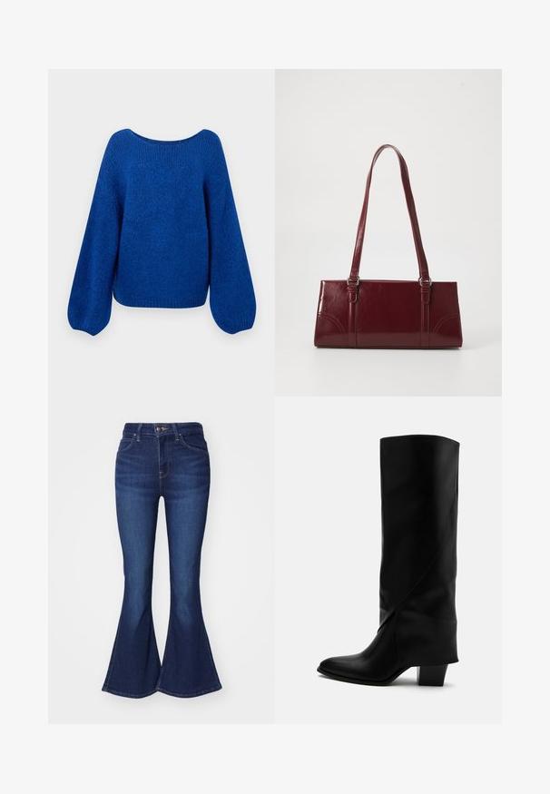 Blauer gestrickter Pullover mit einem weit geschnittenen Bootsausschnitt, lockeren Ballonärmeln und einer strukturierten Oberfläche. Der cropped Saumbetont den lässigen Schnitt.; Dunkelblaue Schlagjeans aus Denim mit hoher Taille, fünf Taschen und Knopfverschluss, leicht ausgebleicht an den Oberschenkeln.; Hoher schwarzer Lederstiefel mit schräger Naht, spitzer Spitze und klobigem mittelhohem Absatz auf weißem Hintergrund.; Burgunderfarbene Handtasche aus glänzendem Material, rechteckige Form, mit zwei Schulterriemen und subtilen, geschwungenen Akzenten an der Vorderseite.
