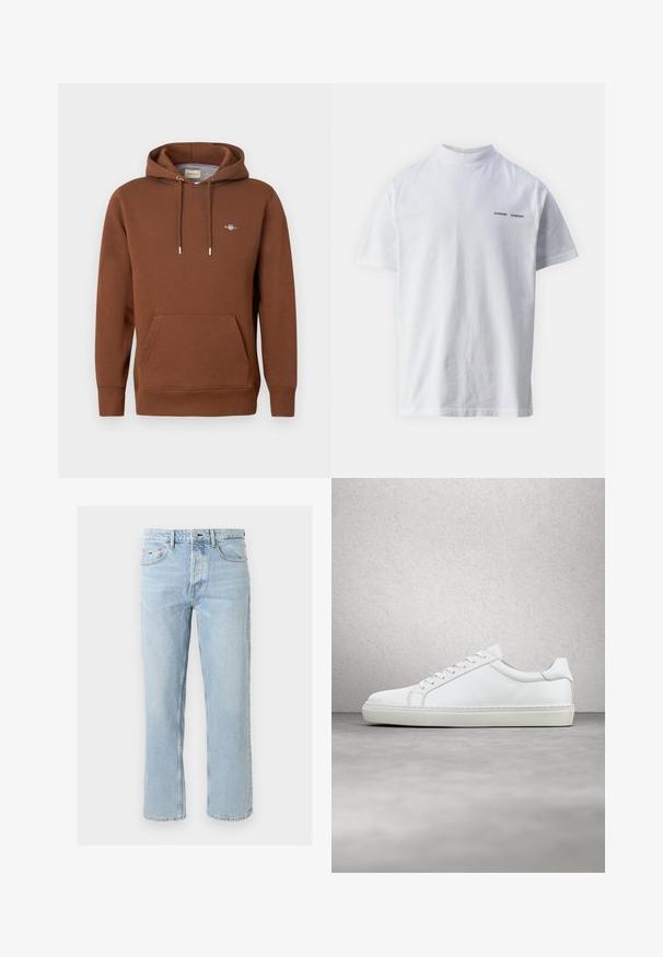 Sweat à capuche marron en matière douce ; comprend une poche avant, des cordons de serrage et un petit logo sur la poitrine. Texture lisse.; T-shirt en coton blanc avec un col haut et des manches courtes. Présente le logo "SAMSØE SAMSØE" en noir sur le devant. Texture lisse.; Jean droit bleu clair avec poches avant et passants pour ceinture, avec un petit patch de marque sur la poche avant droite.; Sneaker blanche avec une tige en cuir lisse et un profil bas. Présente un bout arrondi, six œillets et une semelle en caoutchouc texturé.