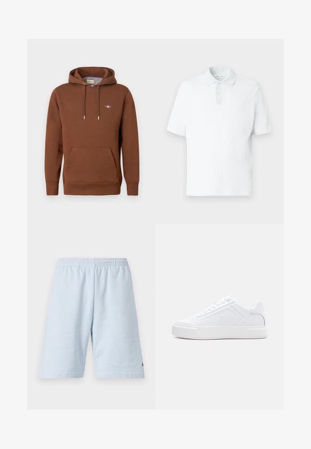 Brauner Kapuzenpullover aus weichem Material; verfügt über eine Fronttasche, Kordelzüge und ein kleines Logo auf der Brust. Glatte Textur.; Polohemd in Hellblau aus strukturiertem Stoff. Verfügt über einen kurzen Kragen mit Knopfverschluss, kurze Ärmel und eine lockere Passform.; Helle blaue Baumwollshorts mit elastischem Bund. Einfaches, einfarbiges Design und offener Saum. Logo-Verzierung am unteren Saum.; Weißer Sneaker mit niedrigem Schaft, geprägt mit geometrischem Muster, Schnürverschluss und dicker Sohle, seitlich auf weißem Hintergrund dargestellt.