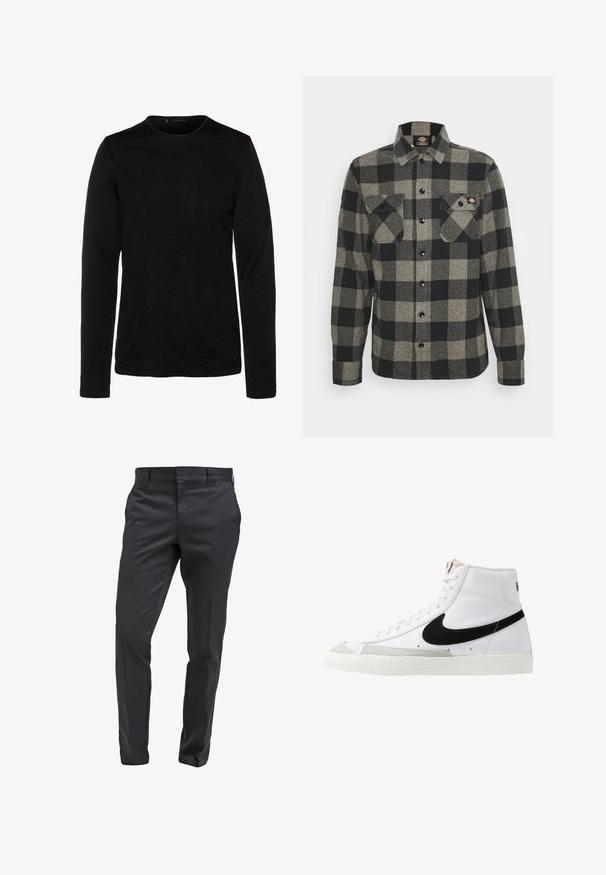 Camisa negra de manga larga hecha de un tejido suave, con cuello redondo y silueta ajustada. Sin patrones visibles ni embellishments adicionales.; Camisa de franela a cuadros en negro y gris con mangas largas, cierre de botones en la parte delantera, dos bolsillos en el pecho y un dobladillo ligeramente curvado. Tejido texturizado.; Pantalones negros a medida de tela suave, con un diseño de pierna recta, paso para cinturón y un cierre frontal clásico.; Zapatillas altas blancas con un swoosh negro, una puntera texturizada en gris y suela plana blanca. Presenta seis ojales y acentos cosidos.