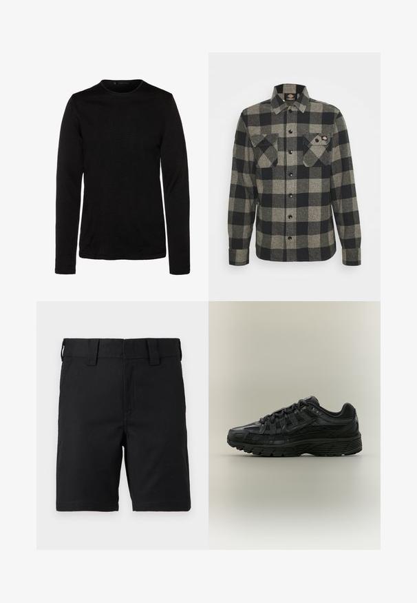Chemise noire à manches longues en tissu doux avec un col rond et une silhouette ajustée. Aucune motif visible ni embellissements supplémentaires.; Chemise en flanelle à carreaux noirs et gris, à manches longues, à boutonnière à l'avant, avec deux poches sur la poitrine et un ourlet légèrement arrondi. Tissu texturé.; Shorts noirs mi-genoux avec passants de ceinture et poches avant, fabriqués en tissu robuste, présentés sur fond blanc.; Chaussure de course Nike noire avec tige en mesh et synthétique, fermeture à lacets et semelle texturée, vue de côté gauche sur fond uni.