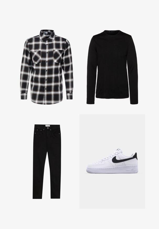 Schwarzes Langarmshirt aus weichem Stoff mit Rundhalsausschnitt und figurbetonter Silhouette. Keine sichtbaren Muster oder zusätzlichen Verzierungen.; Langärmliges kariertes Hemd in Schwarz, Weiß und Braun. Mit einem Button-Down-Kragen und zwei Brusttaschen mit Knopfverschluss.; Schwarze Skinny-Jeans aus Denim mit glatter Textur, fünf Taschen, kontrastierenden Nähten und einem Markenlabel am Bund.; Weißes Leder-Sneaker mit einem strukturierten schwarzen Swoosh, flachen Schnürsenkeln und einer Gummisohle mit genoppetem Muster. "AIR" ist auf der Ferse eingeprägt.