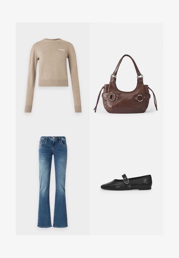 Beige gebreide trui met lange mouwen, ronde halslijn, geribbelde manchetten en zoom, met een klein wit tekstlogo op de voorkant.; Flared denim jeans in medium blue met contrasterende stiksels, vijf zakken en een klassieke knop- en ritssluiting.; Zwarte leren platte schoen met een ronde neus, een enkele verstelbare gespsluiting en een gladde, glanzende textuur. Minimalistisch ontwerp met een lage hak.; Bruine leren handtas met ronde vorm, zilveren hardware, twee zijriemen en een gladde textuur. Beschikt over een enkele handgreep aan de bovenkant.