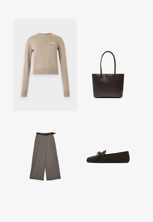 Beige strikket sweater med lange ærmer, rund halsudskæring, ribbede manchetter og kant, med lille hvid tekstlogo på forsiden.; Bred-læggede grå bukser med frontfolder og et sort bælte, vist fladt på en hvid baggrund.; Mørkebrune ruskinds loafers med lav hæl, mokkasinsting og en lille sløjfe på toppen.; Brun læder tote taske med vævet tekstur, to lange håndtag, rektangulær form og minimalisk design. Ingen synlige hardware detaljer.