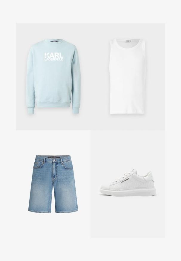 Sudadera de cuello redondo azul claro hecha de tela suave, con un audaz logo blanco "KARL LAGERFELD" en el frente. Diseño sencillo, mangas largas.; Camiseta sin mangas de algodón blanco con cuello redondo y una textura suave. Diseño sencillo, sin patrones ni acentos.; Shorts de mezclilla en azul claro, con un corte clásico, cinco bolsillos y costuras en contraste. Terminado con una cinturilla estándar y cierre de botón.; Zapatilla blanca hecha de cuero suave con un patrón en relieve. Presenta punta redonda, cordones en la parte frontal y suela texturizada. Detalle del logo en plata en el lateral.
