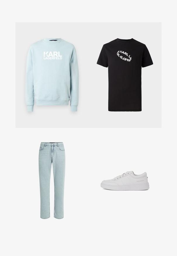 Hellblaues Sweatshirt mit Rundhalsausschnitt aus weichem Stoff, mit einem auffälligen weißen "KARL LAGERFELD"-Logo auf der Vorderseite. Einfaches Design, lange Ärmel.; Schwarzes Baumwoll-T-Shirt mit kurzen Ärmeln und Rundhalsausschnitt. Auf der Vorderseite befindet sich ein verzerrter, weißer Logotext.; KARL LAGERFELD DISNEY STRAIGHT-FIT - Jeans Straight Leg - light blue denim; Weiße Leder-Sneaker mit klassischem Low-Top-Design, flacher Sohle und dezentem Markenlogo an der Ferse. Verfügt über fünf Metallösen für die Schnürsenkel.