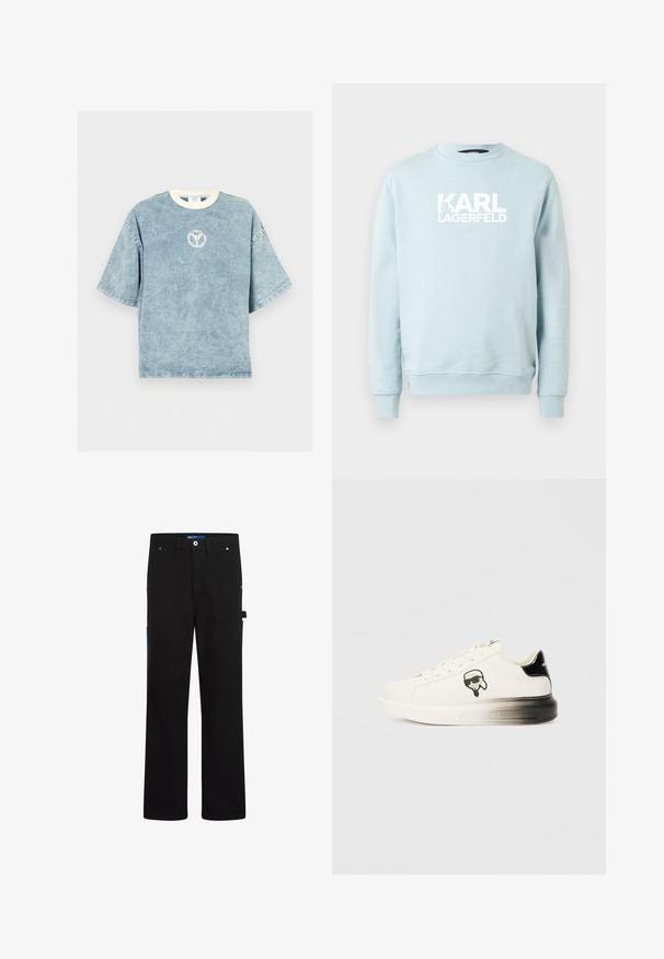 Sweat-shirt bleu clair à col rond en tissu doux, avec un logo blanc audacieux "KARL LAGERFELD" sur le devant. Design simple, manches longues.; T-shirt oversize bleu délavé à manches courtes avec une encolure ronde blanche et un petit logo circulaire délavé sur la poitrine.; Pantalons cargo noirs à coupe droite, avec deux poches avant, une poche arrière et des accents bleus sur le côté et la ceinture.; Baskets blanches avec une tige en cuir lisse, accents noirs au niveau du talon et un logo de dessin animé. Elles présentent une semelle épaisse et légèrement transparente.