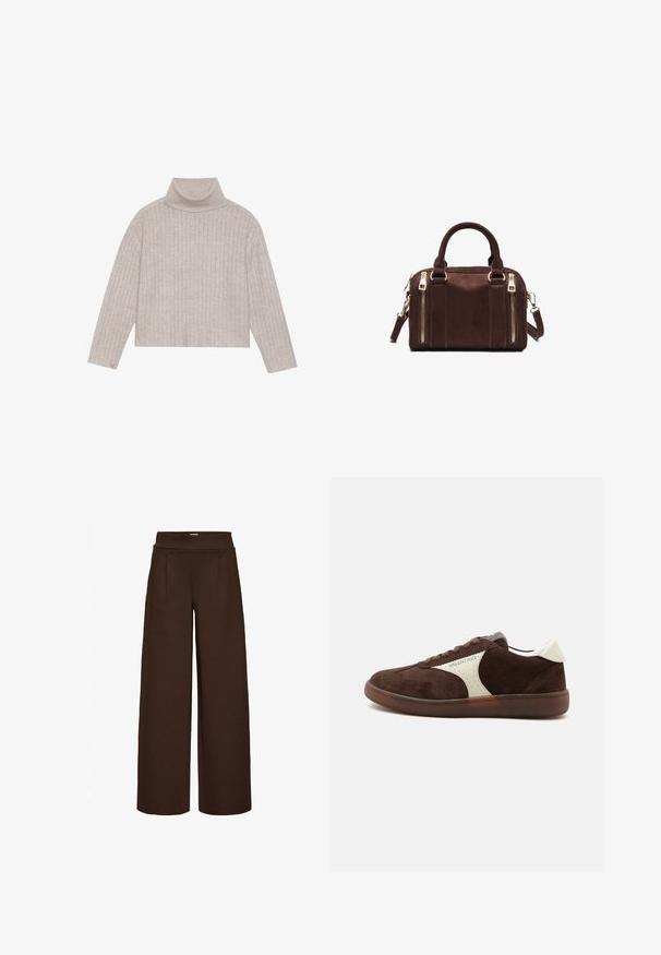 Licht beige geribde turtleneck trui met lange mouwen en een cropped ontwerp. Zachte textuur, met een gladde kraag en een subtiel patroon.; Bruine wijde broek gemaakt van gladde stof, met een hoge taille en twee plooien aan de voorkant, ontworpen voor een losse pasvorm.; Bruine suède lage sneaker met wit zijpaneel en hielstuk, vetersluiting en rubberen zool met Valentino-logo.; Bruine rechthoekige leren handtas met twee handvatten, twee verticale voorvakken met rits en een afneembare schouderriem.