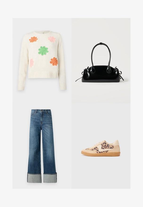 Cremfarbener Pullover mit fünf bestickten Blumen in Pink, Orange und Grün. Rippbündchen und Saum. Weiche Textur mit lockerer Passform.; Lee STELLA - Wide Leg - richter; Löwenmuster-Sneaker mit beige Wildleder-Obermaterial, tanfarbener Gummisohle und weißen Akzenten. Runde Zehenform und Schnürdesign mit strukturiertem Finish.; Kleine schwarze glänzende Handtasche mit zwei langen Griffen und seitlichen Kordelzug-Details vor einfachem hellem Hintergrund.