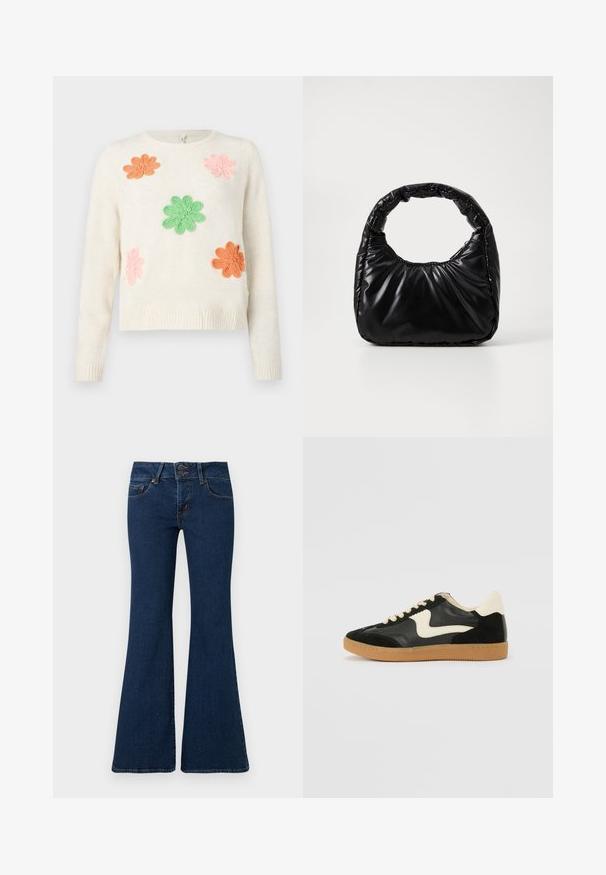 Pull crème avec cinq fleurs brodées en rose, orange et vert. Poignets et ourlet côtelés. Texture douce avec une coupe décontractée.; Jean flare bleu foncé en denim, avec fermeture éclair et double bouton, poches avant et détails cousus le long des côtés.; Baskets en daim et cuir noir avec un swoosh latéral crème et un talon crème clair. Dotées de lacets beige et d'une semelle en caoutchouc gomme.; Sac à main noir rembourré avec une poignée arrondie, présentant une surface lisse et brillante ainsi qu'une texture douce et matelassée. Pas de quincaillerie ou d'accents visibles.