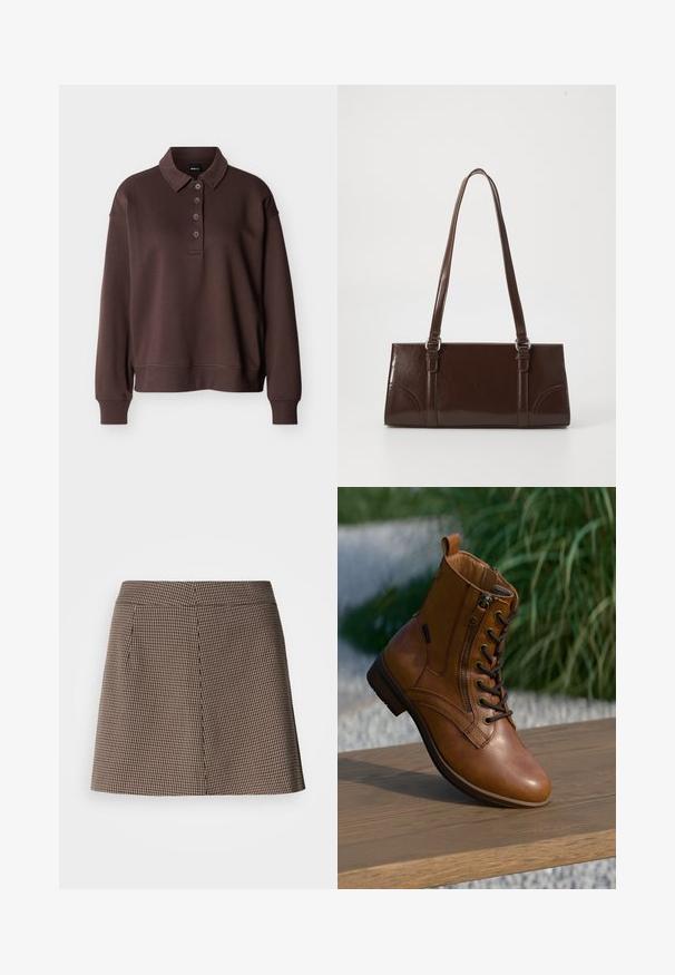 Brun langærmet poloshirt med fire knapper, ribstrikkede ærmeender og ribstrikket kant mod en ensfarvet hvid baggrund.; Brun og sort hundetand mønster mini nederdel med lige pasform og foran sømdetalje på hvid baggrund.; Brun læderankelstøvle med lynlås på siden og snørebånd, placeret på en træoverflade udendørs med sløret grønt område i baggrunden.; Brun lakeret håndtaske med rektangulær form, to lange håndtag og subtile buede detaljer på fronten.