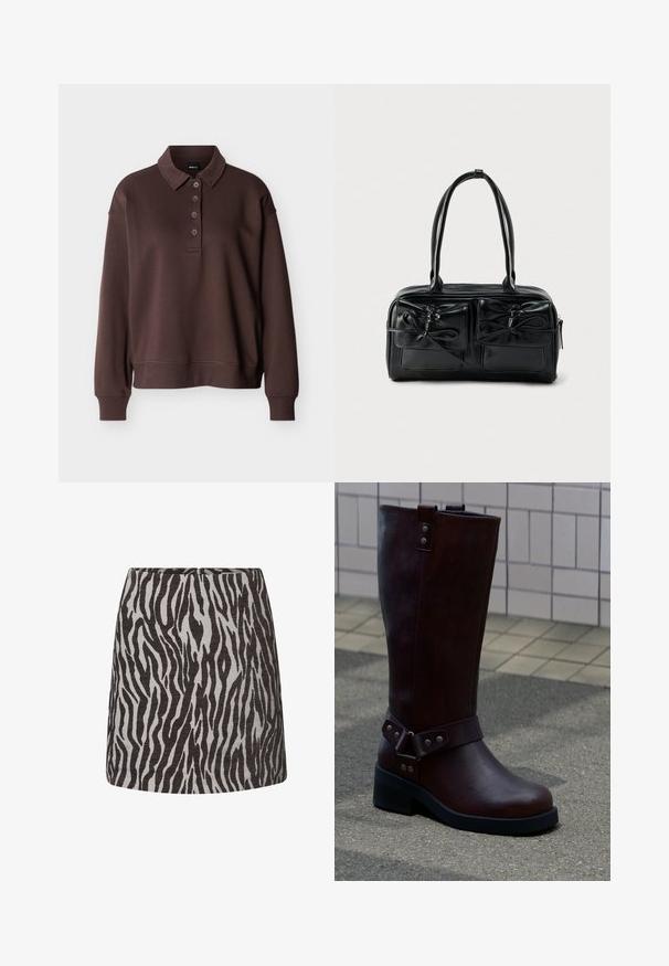 Brun langærmet poloshirt med fire knapper, ribstrikkede ærmeender og ribstrikket kant mod en ensfarvet hvid baggrund.; Mini nederdel med sort og grå zebra mønster, lige snit og en skjult lynlås bagpå.; Mørkebrune læderstøvler til midt på læggen med sort sål og sølvnitte detaljer, placeret på udendørs fortov nær flisebelagt væg.; Sort læderhåndtaske med to frontlommer og sløjfedetaljer, med solide håndtag og en struktureret rektangulær form.