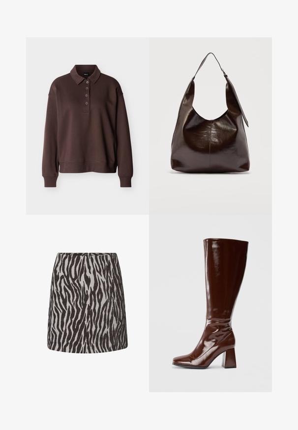Camisa tipo polo marrón de manga larga con cuatro botones, puños acanalados y un dobladillo acanalado sobre un fondo blanco liso.; Minifalda con estampado de cebra en negro y gris, de corte recto y con cremallera oculta en la parte trasera.; Botas de charol marrones hasta la rodilla con punta cuadrada, acabado brillante y un tacón ancho para mayor estabilidad. Diseño sin costuras sin herrajes visibles.; Bolso de hombro de cuero marrón oscuro brillante con una sola correa ancha y detalle de hebilla en un lado, colocado sobre un fondo claro y sencillo.