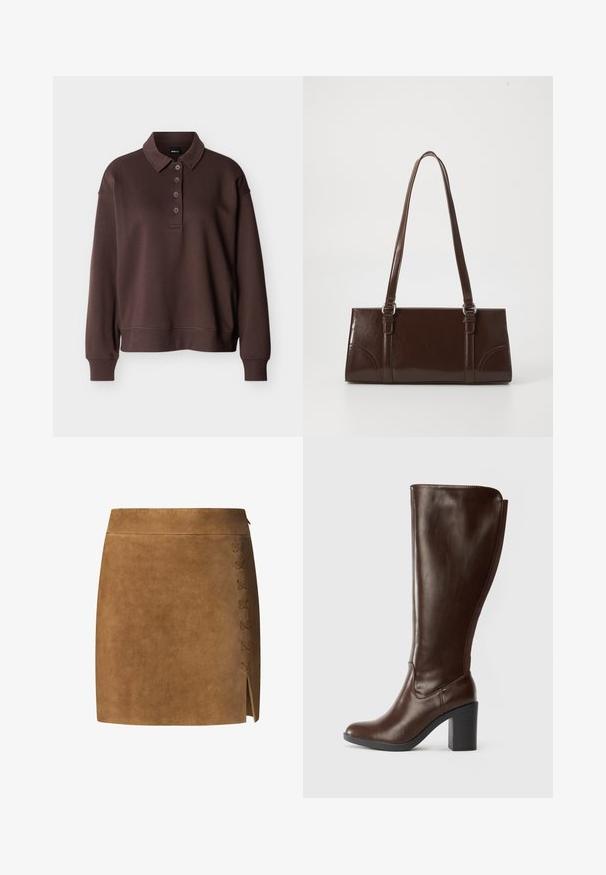 Polo marron à manches longues avec quatre boutons, poignets côtelés et ourlet côtelé sur un fond blanc uni.; Jupe mini en suède marron avec une coupe droite, dotée d'un détail lacé sur le côté gauche et d'une petite fente au bas.; Botte en cuir marron foncé, arrivant jusqu'au genou, avec un bout arrondi et un talon bloc, au fini lisse et avec un panneau élastique à l'arrière.; Sac à main en cuir verni marron de forme rectangulaire, avec deux longues poignées et des accents courbés subtils à l'avant.
