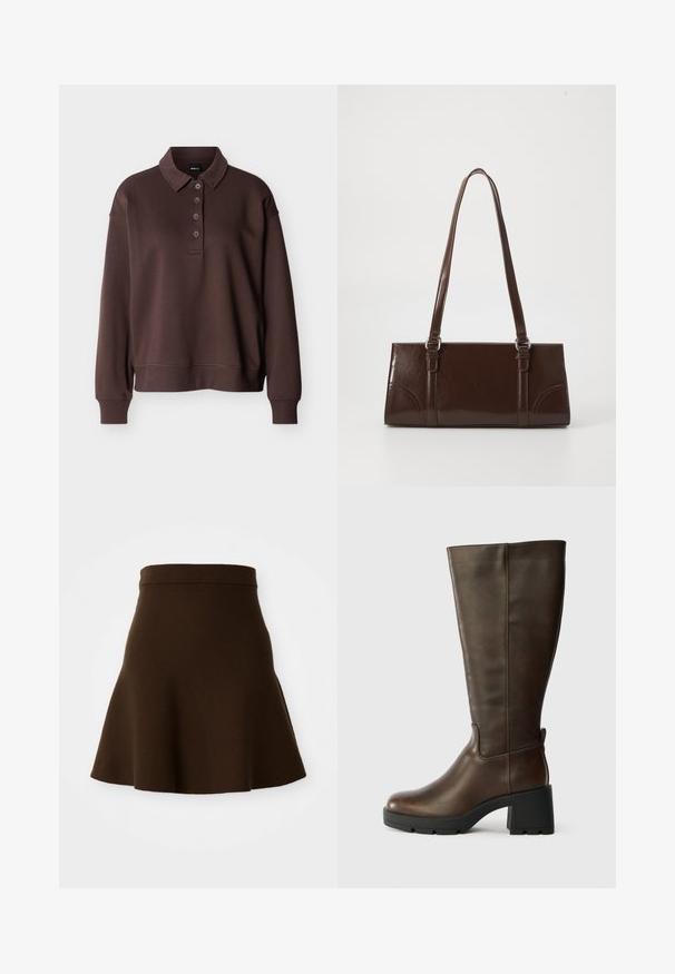 Brun langærmet poloshirt med fire knapper, ribstrikkede ærmeender og ribstrikket kant mod en ensfarvet hvid baggrund.; Brun udvidet nederdel lavet af et blødt stof med en glat tekstur. Har en tætsiddende talje og et knælangt design, uden synlige mønstre.; Brune læder knæhøje støvler med en kraftig sort hæl og struktureret finish. Har en rund tå og diskret sømdetaljering på siden.; Brun lakeret håndtaske med rektangulær form, to lange håndtag og subtile buede detaljer på fronten.