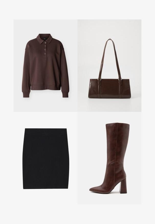 Polo marron à manches longues avec quatre boutons, poignets côtelés et ourlet côtelé sur un fond blanc uni.; Mini-jupe en tricot côtelé noir avec un design ajusté, texture lisse et taille élastique pour plus de confort.; Botte haute en cuir marron avec bout pointu et talon bloc épais, vue de côté sur un fond clair uni.; Sac à main en cuir verni marron de forme rectangulaire, avec deux longues poignées et des accents courbés subtils à l'avant.