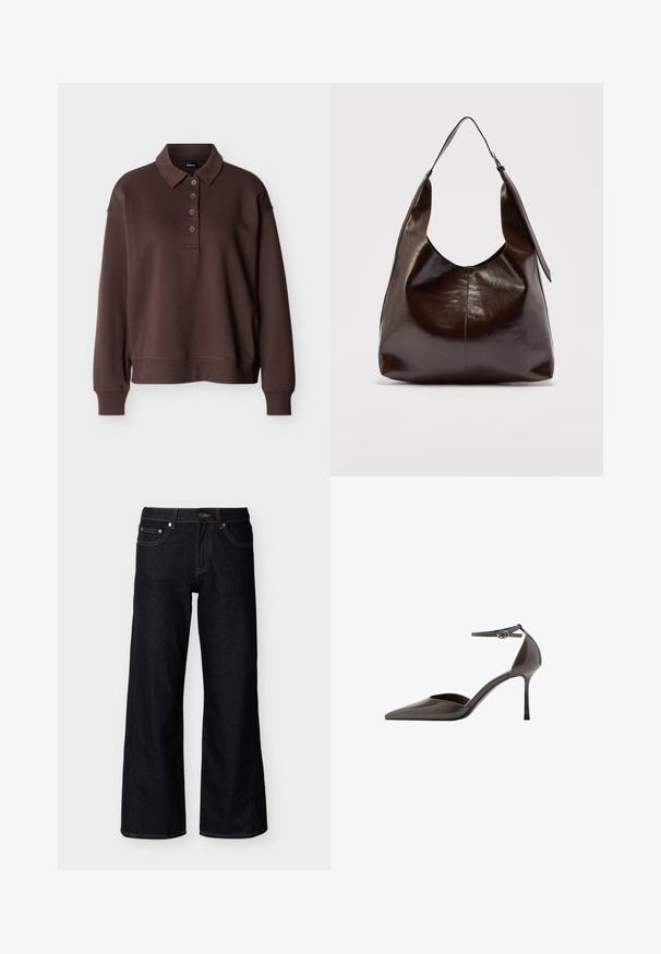 Polo marron à manches longues avec quatre boutons, poignets côtelés et ourlet côtelé sur un fond blanc uni.; Jean denim bleu foncé à jambes larges avec bouton frontal, fermeture éclair et style cinq poches sur fond clair uni.; Escarpin à talon haut en cuir verni marron, avec un bout pointu, une bride à la cheville et un talon stiletto fin. Texture lisse et design minimaliste.; Sac à bandoulière en cuir marron foncé brillant avec une seule large sangle et un détail de boucle sur un côté, posé sur un fond clair uni.