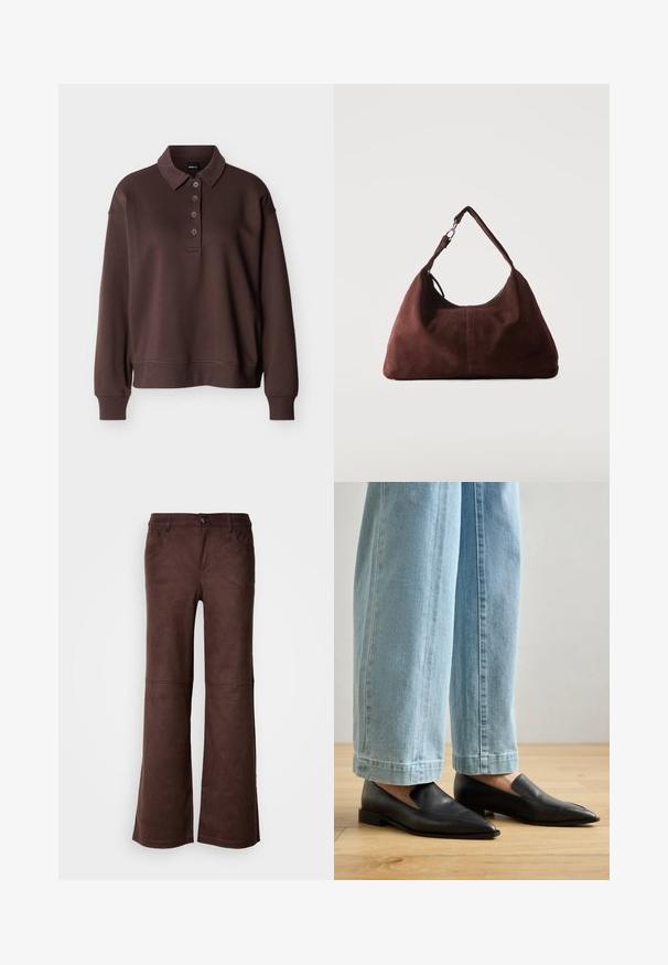 Polo marron à manches longues avec quatre boutons, poignets côtelés et ourlet côtelé sur un fond blanc uni.; Pantalons évasés marron en tissu doux semblable à du daim. Comprend quatre poches, une fermeture à bouton et une surface lisse et texturée.; Chaussures en cuir noir à bout pointu et à enfilage, associées à un jean large bleu clair, sur un sol en bois.; Sac bandoulière en daim marron doux avec une seule lanière et des accessoires métalliques argentés sur un fond clair uni.