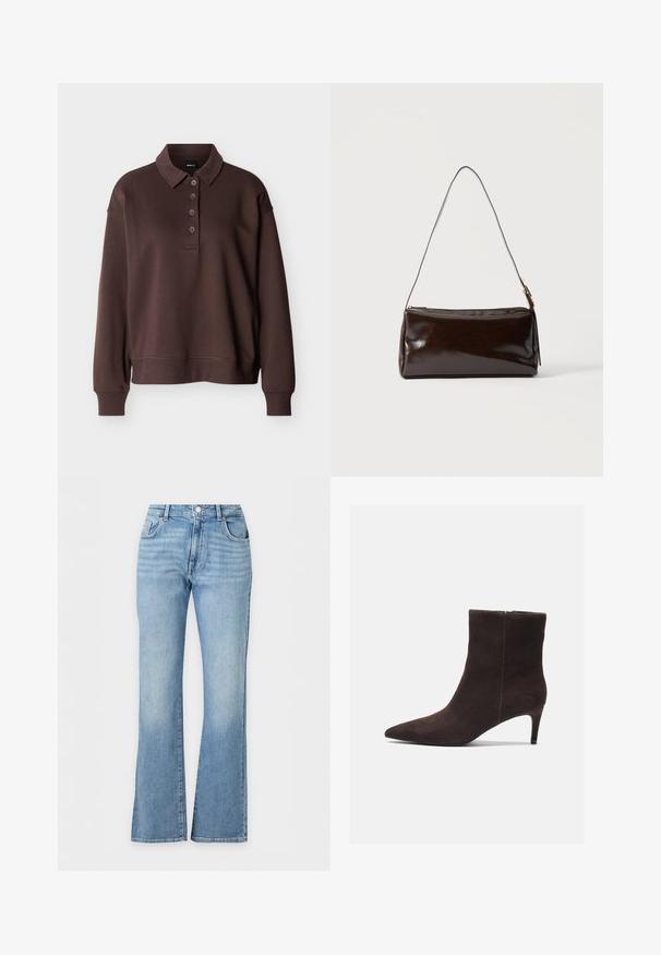 Braunes Langarm-Poloshirt mit vier Knöpfen, gerippten Bündchen und einem gerippten Saum vor einem schlichten weißen Hintergrund.; Hellblaue High-Waist-Jeans mit leicht ausgestelltem Bein und klassischem Fünf-Taschen-Design.; Braune Wildleder-Ankelstiefel mit spitzem Zehenbereich und 7,5 cm Absatz, ausgestattet mit einer glatten Textur und minimalistischen Design. Reißverschluss auf der Rückseite.; Dunkelbraune rechteckige Lederschultertasche mit einem einzelnen dünnen Riemen und goldfarbener Schnalle vor einfarbigem Hintergrund.
