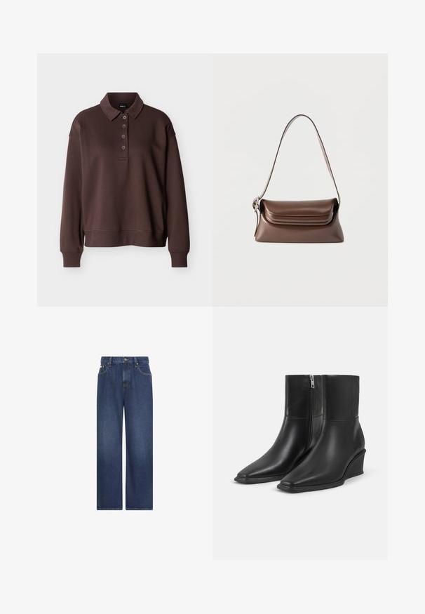 Braunes Langarm-Poloshirt mit vier Knöpfen, gerippten Bündchen und einem gerippten Saum vor einem schlichten weißen Hintergrund.; Dunkelblaue Jeans mit weitem Bein, vorderen Taschen, Gürtelschlaufen und Knopfverschluss an der Taille vor weißem Hintergrund.; Paar schwarze Leder-Stiefeletten mit spitzen Zehen, Keilabsätzen und seitlichen Reißverschlussverschlüssen auf einfachem hellem Hintergrund.; Braune Leder-Schultertasche mit einer silbernen Schnalle am Riemen und einer Überschlagklappe, dargestellt vor weißem Hintergrund.
