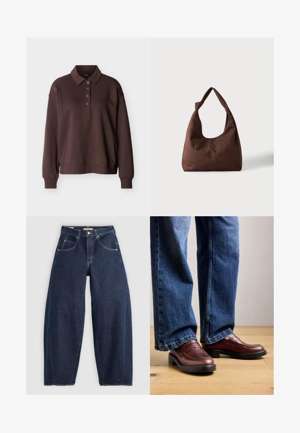 Brun langærmet poloshirt med fire knapper, ribstrikkede ærmeender og ribstrikket kant mod en ensfarvet hvid baggrund.; Mørkeblå denim jeans med løs pasform, lyse syninger, fem lommer og en knaplukning ved taljen.; Person iført brune læder loafers og blå jeans står på et trægulv mod en neutral baggrund.; Brun tekstureret stofhåndtaske med et enkelt håndtag bundet i en knude, vist mod en ensfarvet lys baggrund.