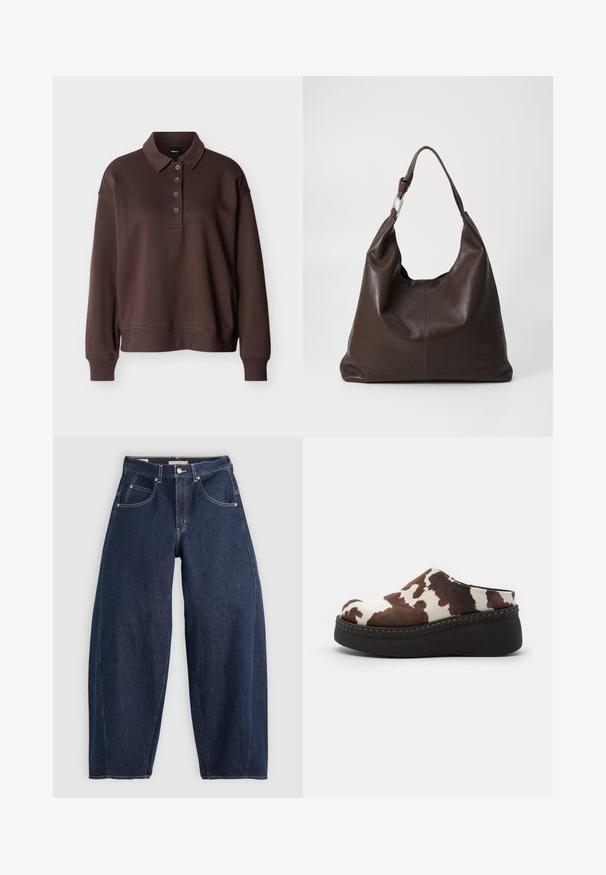 Brun langærmet poloshirt med fire knapper, ribstrikkede ærmeender og ribstrikket kant mod en ensfarvet hvid baggrund.; Mørkeblå denim jeans med løs pasform, lyse syninger, fem lommer og en knaplukning ved taljen.; Brune og hvide ko-print platform-træsko med en blød overdel, rund tå og en holdbar sort gummisål. Sømløs detaljering ved bunden.; Zign by Zalando LEATHER - Shopping bags - chocolate brown