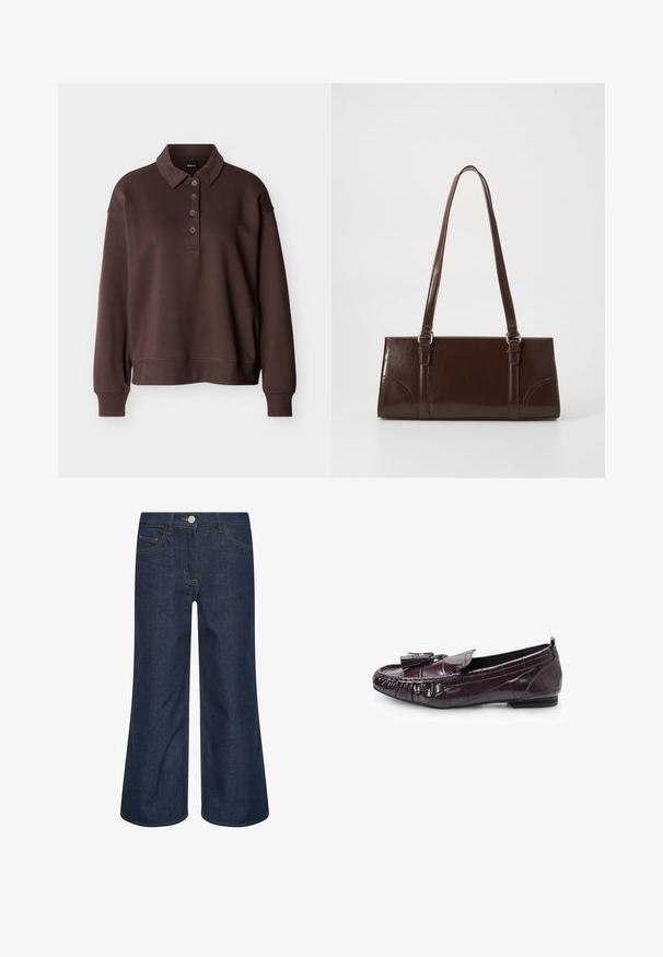 Brun langærmet poloshirt med fire knapper, ribstrikkede ærmeender og ribstrikket kant mod en ensfarvet hvid baggrund.; Mørkeblå vidde cowboybukser med forreste knap, lynlås og synlige orange syninger på lommer og sømme.; Bordeaux læder mokasiner med tekstureret overflade, udstyret med en sløjfeaccent, syninger og en lav hæl.; Brun lakeret håndtaske med rektangulær form, to lange håndtag og subtile buede detaljer på fronten.