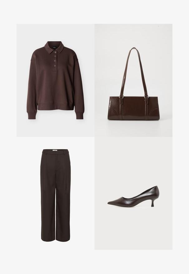 Polo marron à manches longues avec quatre boutons, poignets côtelés et ourlet côtelé sur un fond blanc uni.; Pantalons à jambes larges marron en tissu lisse. Dotés d'une taille haute, de plis avant et de poches latérales pour plus de fonctionnalité.; Escarpin en cuir marron foncé à bout pointu avec petit talon incurvé sur fond blanc.; Sac à main en cuir verni marron de forme rectangulaire, avec deux longues poignées et des accents courbés subtils à l'avant.