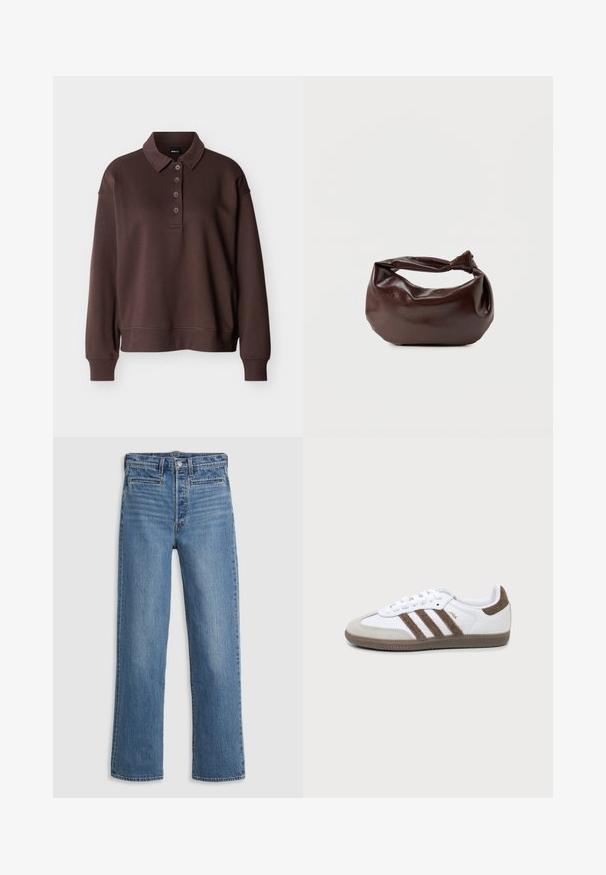 Brun langærmet poloshirt med fire knapper, ribstrikkede ærmeender og ribstrikket kant mod en ensfarvet hvid baggrund.; Lys blå, lige ben jeans lavet af denim. Funktioner inkluderer en knaplukning, fem lommer og diskret slid. Ingen udsmykninger eller mønstre.; Hvid og brun Adidas Samba sneaker med tre brune striber, snørebånd og tekstureret sål vist fra siden på en ensfarvet baggrund.; Mørkebrun læder skuldertaske med en blød, afslappet form og et snoet knudehåndtag på en ensartet hvid baggrund.