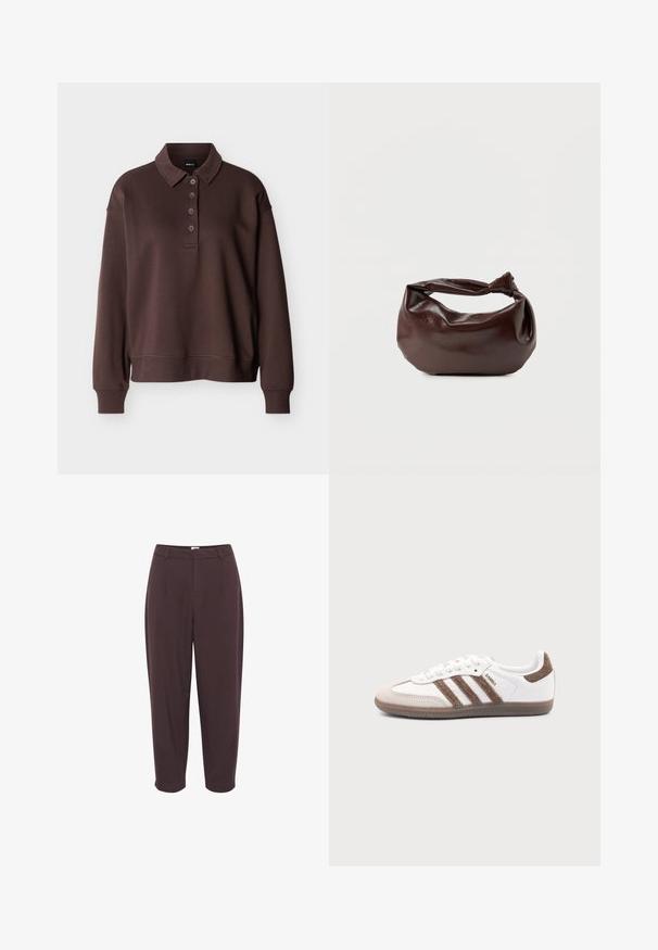 Polo marron à manches longues avec quatre boutons, poignets côtelés et ourlet côtelé sur un fond blanc uni.; Pantalon taille haute marron foncé avec une coupe décontractée, devant plissé et jambe fuselée, présentant une texture lisse et sans matériel visible.; Baskets Adidas Samba blanches avec des bandes en daim marron, semelle en caoutchouc marron et bout en daim beige, vues du côté extérieur sur un fond uni.; Sac bandoulière en cuir marron foncé avec une forme souple et décontractée et une anse nouée torsadée sur un fond blanc uni.