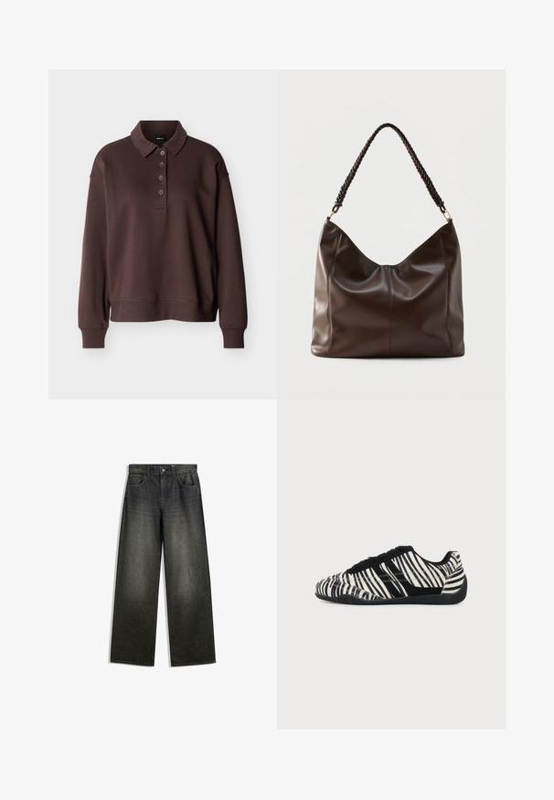Brun langærmet poloshirt med fire knapper, ribstrikkede ærmeender og ribstrikket kant mod en ensfarvet hvid baggrund.; Bredde ben jeans i mørkegrå denim med en falmet finish, fem-lomme design og en knaplukning i taljen.; Sort-hvid snørebåndssneaker med zebra-stribemønster og tekstureret sort sål på en ensartet lys baggrund.; Mørkebrun læder skuldertaske med flettet håndtag og synlige sømdetaljer på forsiden.