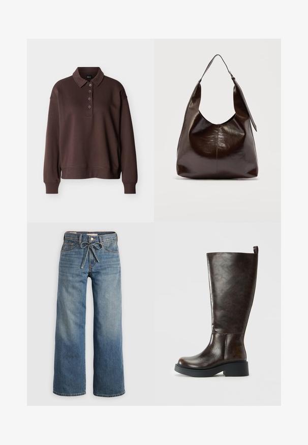 Brun langærmet poloshirt med fire knapper, ribstrikkede ærmeender og ribstrikket kant mod en ensfarvet hvid baggrund.; Lyseblå vide jeans lavet af denim, med en snøre i taljen, to frontlommer og subtilt slid for tekstur.; Mørkebrun læder knæhøj støvle med rund tå, chunky sort sål, lav blokhæl og trækflig bagpå.; Mørkebrunt, skinnende læder skuldertaske med en enkelt bred rem og spændedetalje på den ene side, sat mod en ensartet lys baggrund.