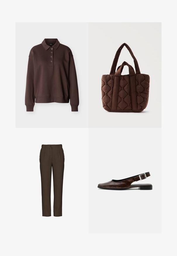 Polo marron à manches longues avec quatre boutons, poignets côtelés et ourlet côtelé sur un fond blanc uni.; Pantalon marron sur mesure en tissu texturé. Doté d'un pli avant, d'une fermeture à bouton et d'une coupe droite, conçu pour un ajustement slim.; Chaussure plate slingback en cuir marron foncé avec bout carré, texture crocodile et boucle argentée sur la bride.; Sac cabas en tissu matelassé marron avec deux longues anses et deux courtes, présentant un motif de couture ondulé et une forme rectangulaire.
