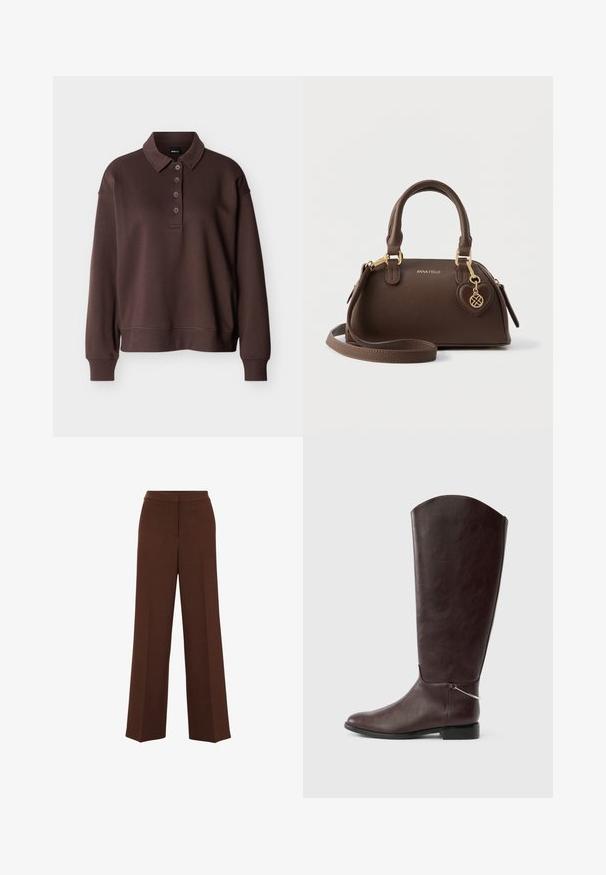 Bruine lange mouwen polo met vier knopen, geribbelde manchetten en een geribbelde zoom tegen een effen witte achtergrond.; Bruine brede broek met een gladde textuur, voorzien van een gestructureerde tailleband en subtiele vouwdetails die aan de voorkant lopen.; Donkerbruine leren laars tot op de knie met een platte hak en een klein zilveren sieraad bij de enkel op een witte achtergrond.; Bruine synthetische handtas met een afgeronde vorm, dubbele bovenhandvatten en afneembare schouderriem. Voorzien van gouden hardware en een hartvormige bedel.