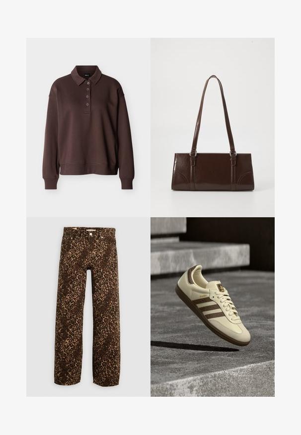 Braunes Langarm-Poloshirt mit vier Knöpfen, gerippten Bündchen und einem gerippten Saum vor einem schlichten weißen Hintergrund.; Leopardenmusterweite Beinhosen in Braun und Beige. Hergestellt aus Denim, mit einem klassischen Fünf-Taschen-Design und Metallbeschlägen.; Sneaker in Cremefarbe mit braunen Akzenten, strukturierten seitlichen Streifen und glattem Lederfinish. Verfügt über ein Schnürdesign und eine Gummisohle.; Braune Lackleder-Handtasche in rechteckiger Form, mit zwei langen Griffen und subtilen, geschwungenen Akzenten auf der Vorderseite.
