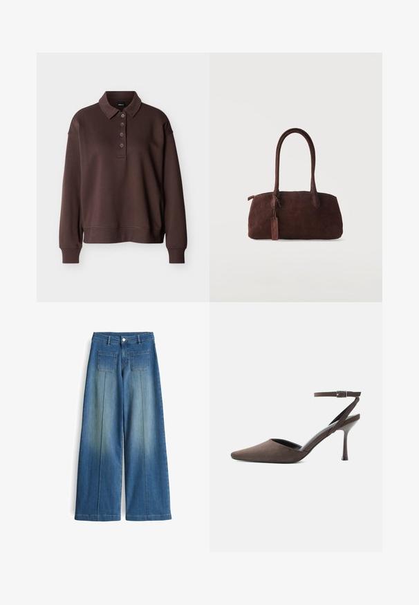 Braunes Langarm-Poloshirt mit vier Knöpfen, gerippten Bündchen und einem gerippten Saum vor einem schlichten weißen Hintergrund.; Weite, hellblaue Jeans mit einem verwaschenen Look, zwei Gesäßtaschen und einem glatten Finish. Verfügt über einen klassischen Knopf- und Reißverschluss.; Brauner Veloursleder-Pumps mit spitz zulaufender Spitze, dünnem Knöchelriemen und silberner Schnalle vor weißem Hintergrund.; Dunkelbraune Wildleder-Handtasche mit zwei langen Henkeln und einem kleinen befestigten Anhänger vor einem schlichten, hellen Hintergrund.