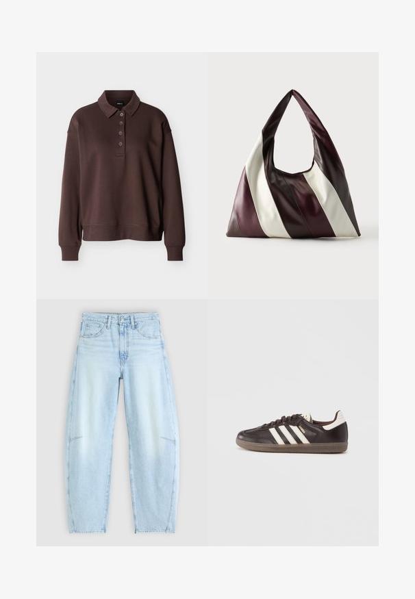 Brun langærmet poloshirt med fire knapper, ribstrikkede ærmeender og ribstrikket kant mod en ensfarvet hvid baggrund.; Lyseblå denimjeans med en afslappet pasform, der har høj talje, fem-lommers design og subtilt slid med frynset kant.; Mørkebrune lædersneakers med hvidt tre-stribet design, en gummisål og "Samba" i gyldne bogstaver på siden. Klassisk lavtopform.; Stor trekantet lædertaske med brede diagonale striber i mørkebrun, bordeaux og cremefarver mod en ensfarvet baggrund.