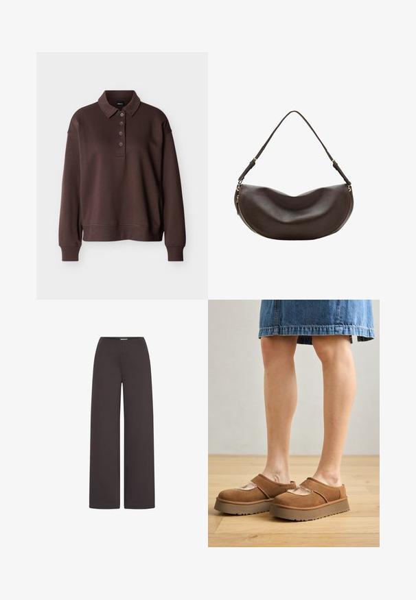 Brun langærmet poloshirt med fire knapper, ribstrikkede ærmeender og ribstrikket kant mod en ensfarvet hvid baggrund.; ICHI IHKATE WIDE PA2 - Bukser - chocolate torte; Brune ruskindsplatformsko med en rund tå, udskæringer og en solid sål, ledsaget af en denimnederdel i en indstilling med trægulv.; Mørkebrun skuldertaske i læder med buet form, justerbar rem og guldfarvet lynlås langs den nederste kant.