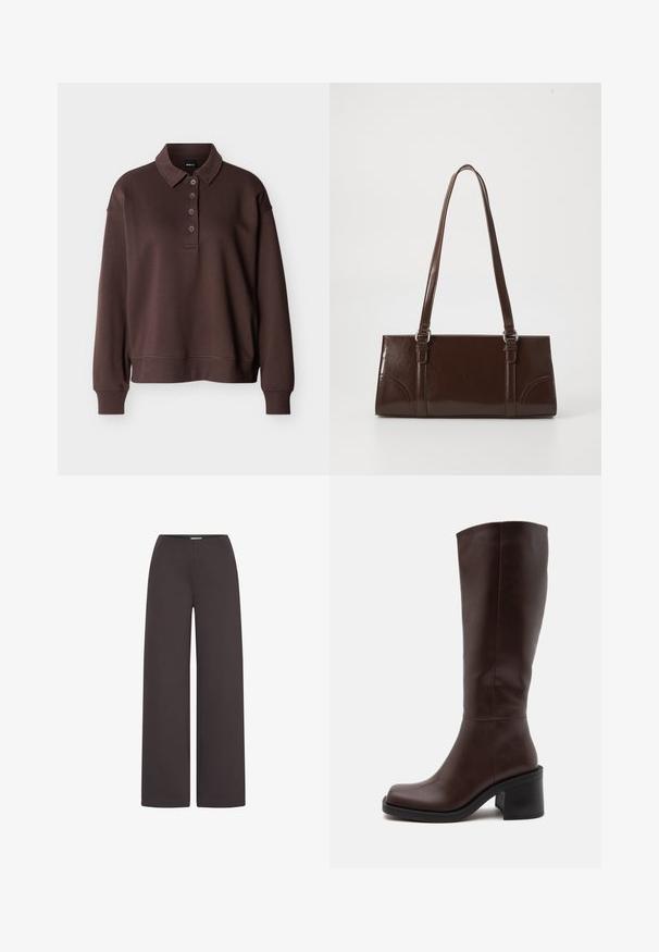 Brun langærmet poloshirt med fire knapper, ribstrikkede ærmeender og ribstrikket kant mod en ensfarvet hvid baggrund.; ICHI IHKATE WIDE PA2 - Bukser - chocolate torte; Mørkebrune knælange læderstøvler med afrundet firkantet tå og tyk blokhæl på hvid baggrund.; Brun lakeret håndtaske med rektangulær form, to lange håndtag og subtile buede detaljer på fronten.